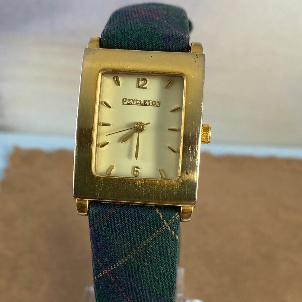 Pendleton Green, Blue Plaid Tank Watch Gold Tone